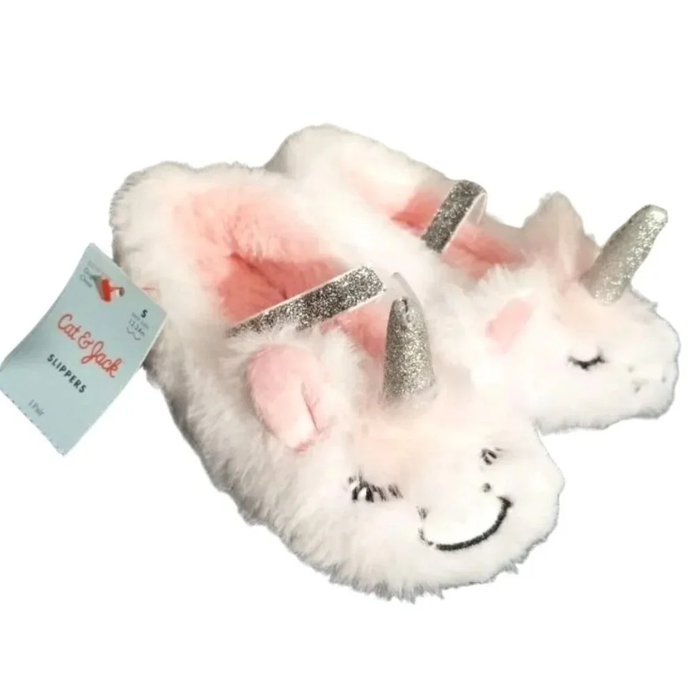 Cat & Jack 5/6 Shoes Kids Girl Unicorn Baby Fuzzy Faux Fur Soft Slippers Toddler